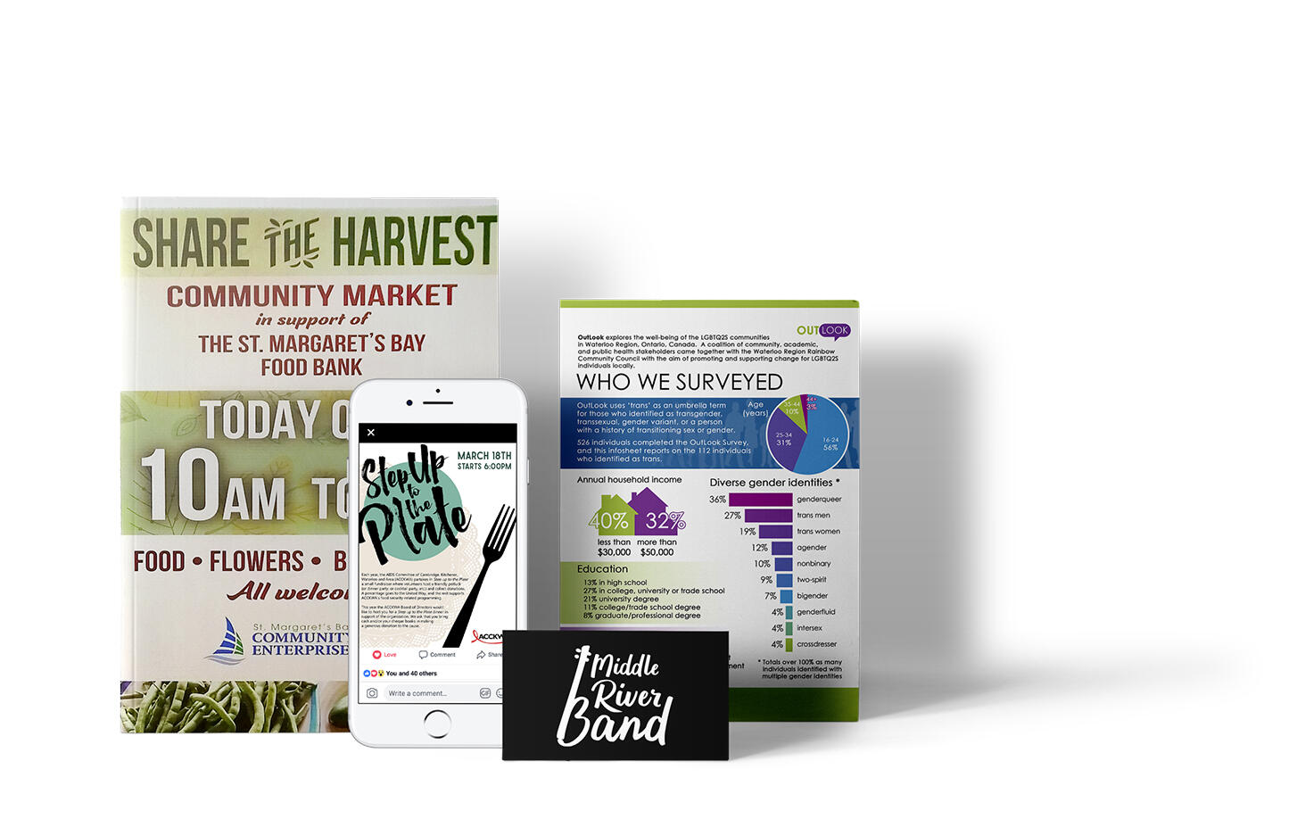 Aeryl Creative Design A small selection of design materials that Aeryl Creative offers. There is are print materials like a poster, business card, and brochure, but also social media elements displayed on a phone as well.